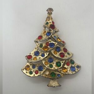 Vintage Signed J.J. Golden Christmas Tree and Multi-Color Crystal Pin Brooch